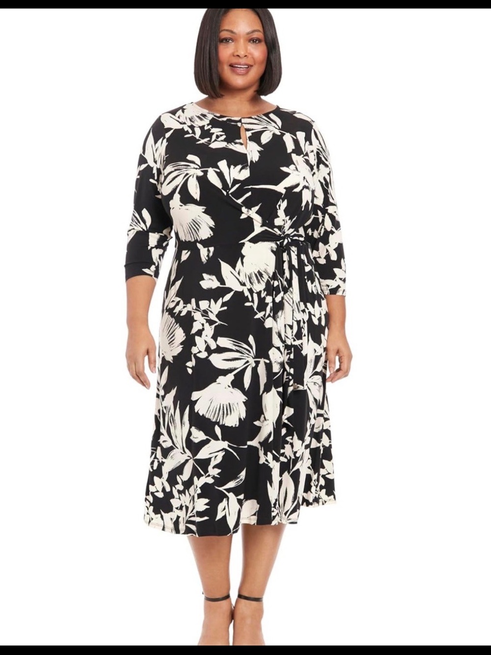 London Times Black and Cream Floral Midi Dress with Tie Waist